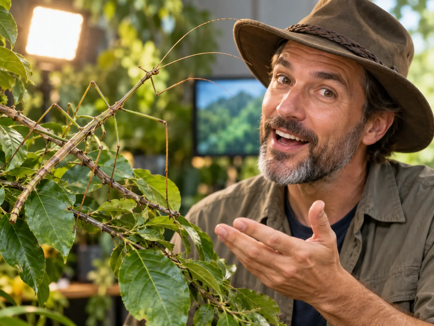 Science presenter introduces a walking stick insect