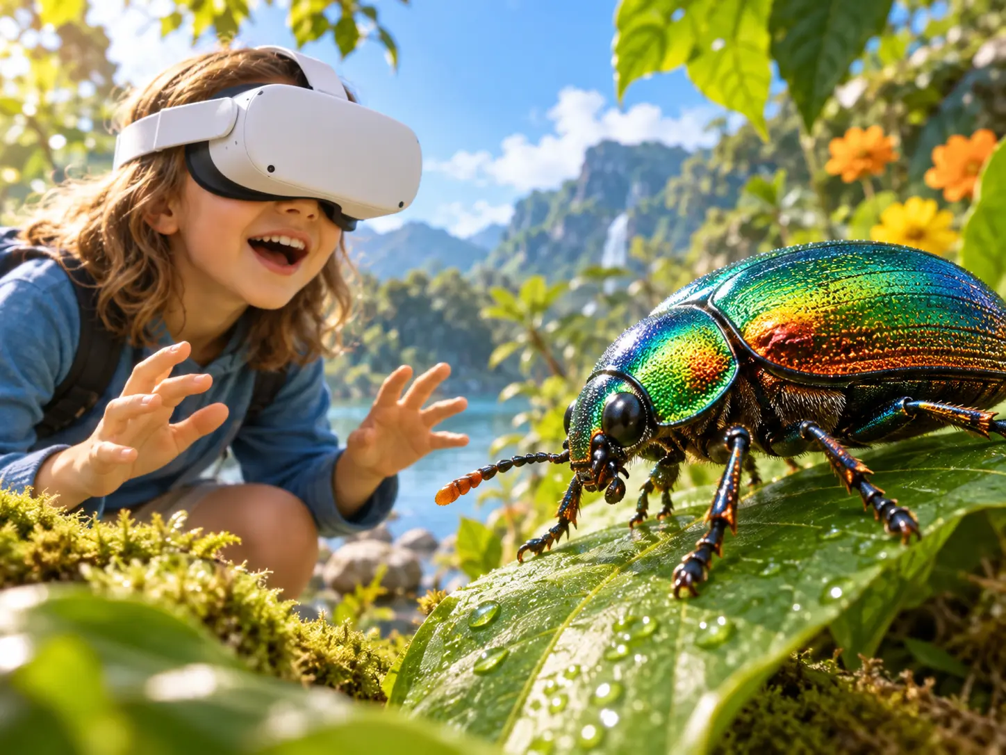 Child in VR beside a giant colorful beetle