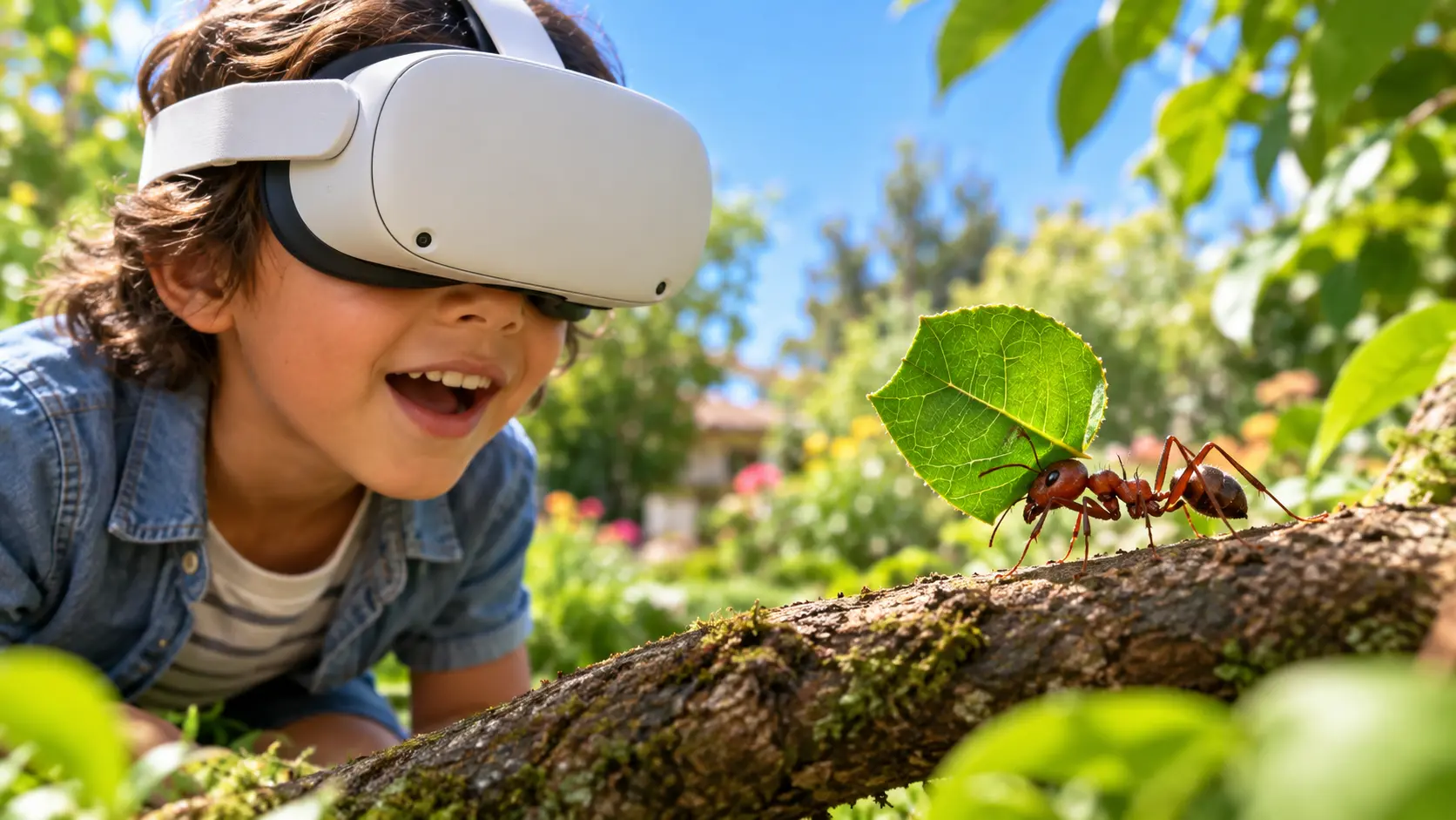 Child in VR observes a leafcutter ant