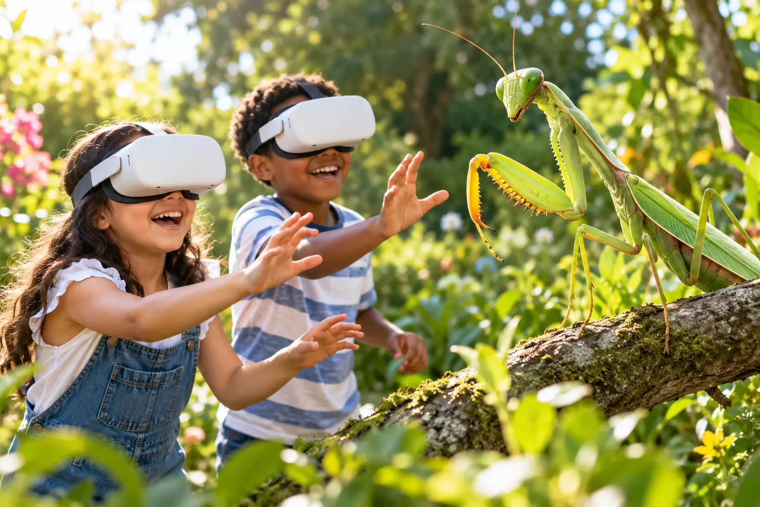 Children wearing VR headsets encounter a giant praying mantis