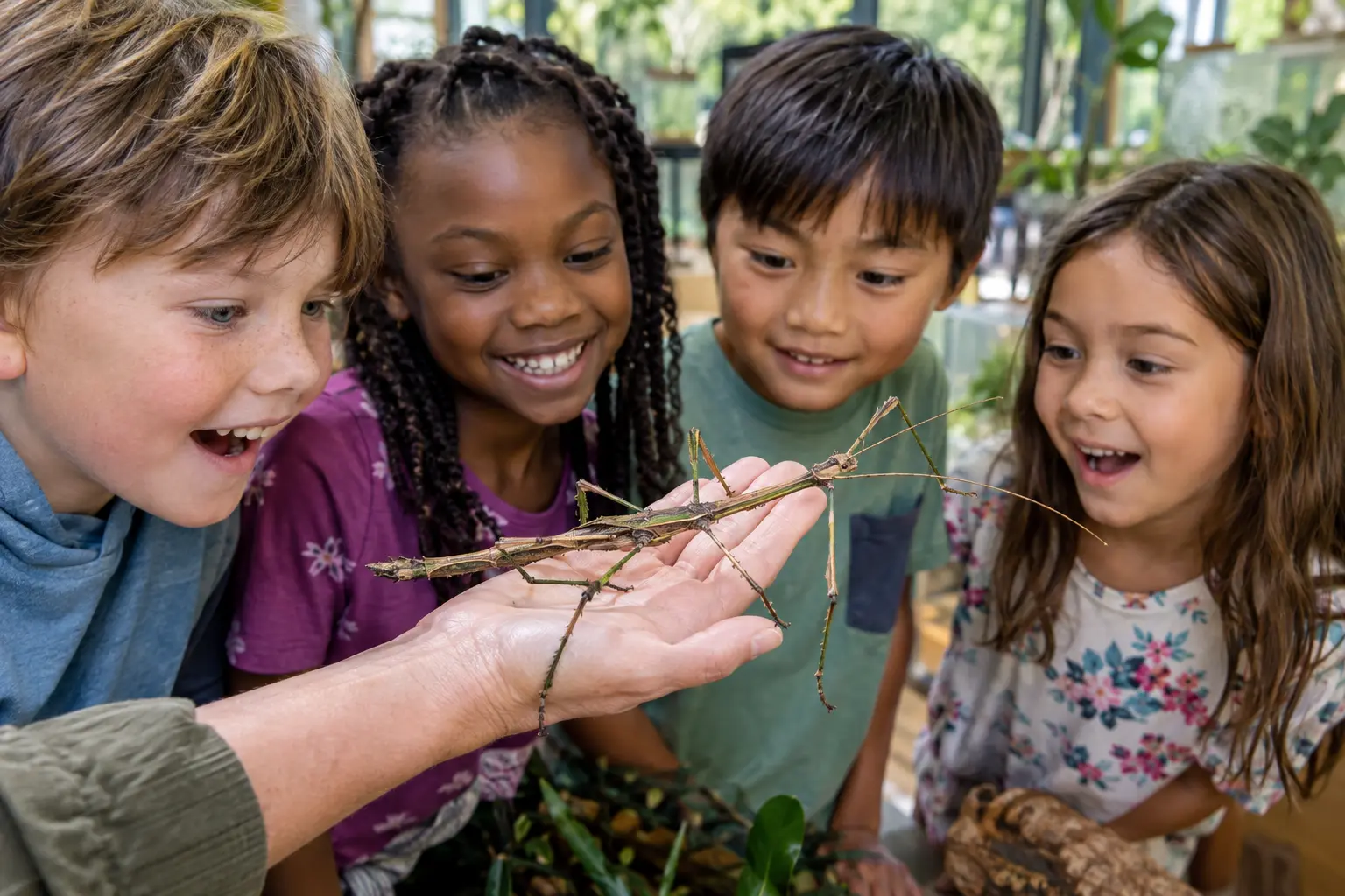 Children closely observe a walking stick insect