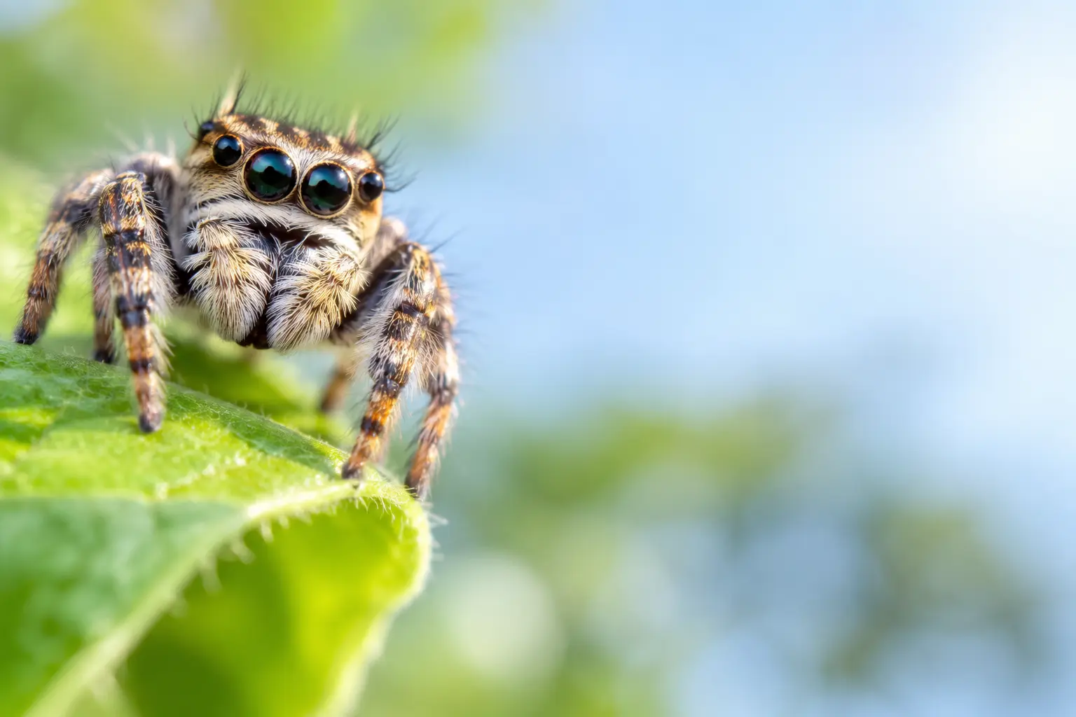 Jumping spider looking toward the viewer from a leaf