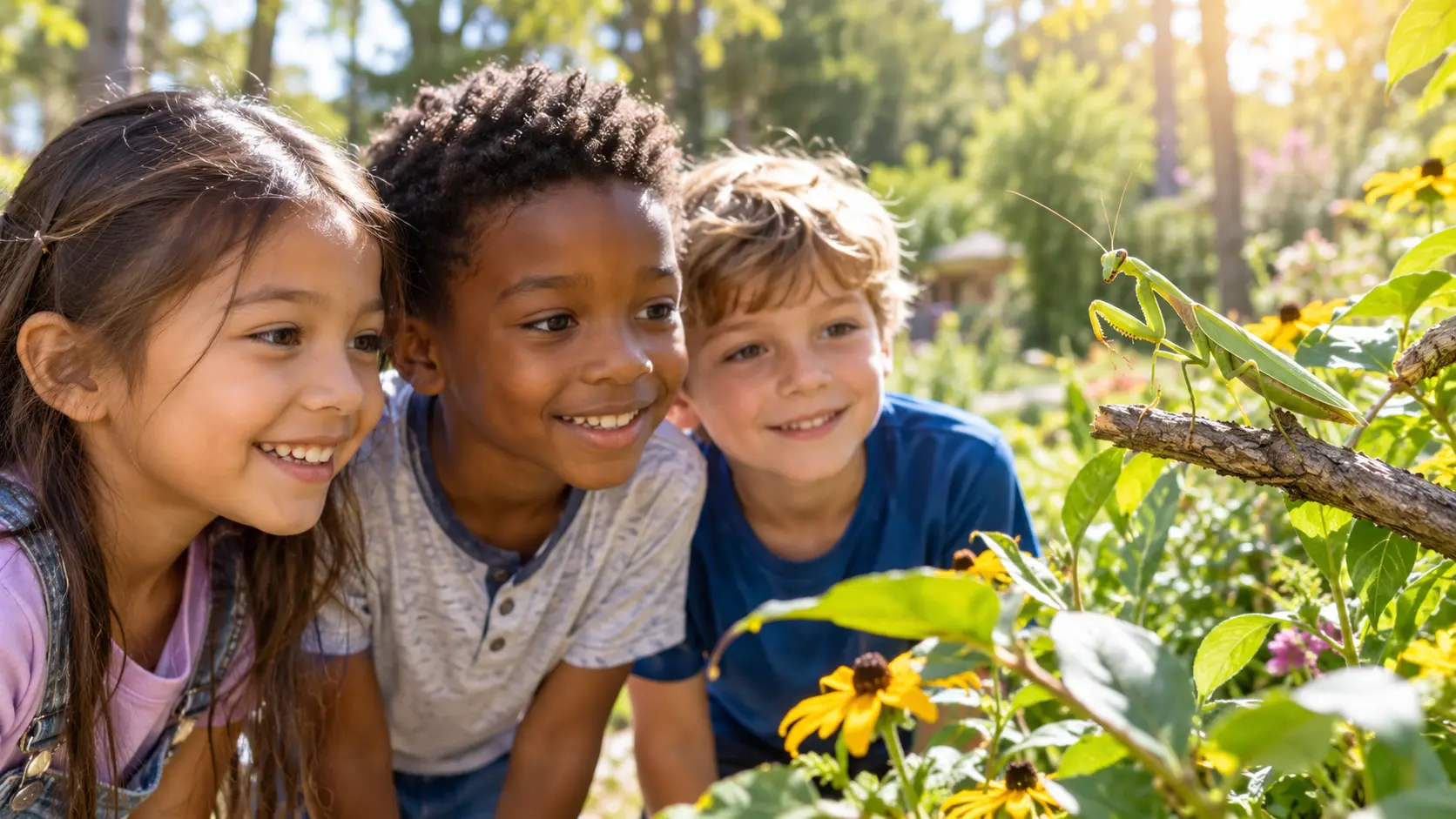 Children discover a praying mantis in a garden