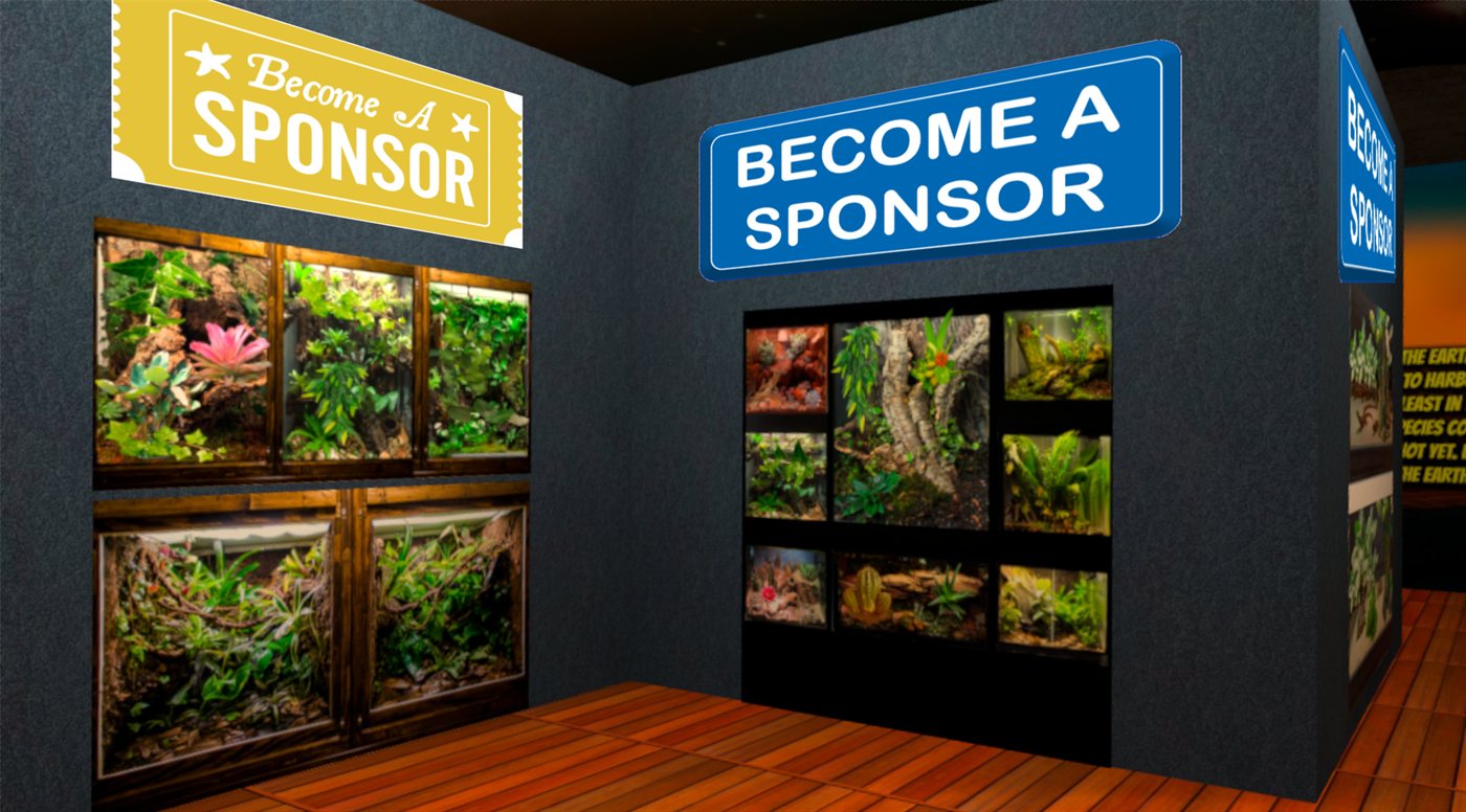 Sponsor signs above creature habitats.